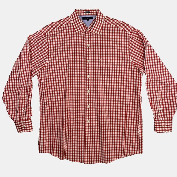 Tommy Hilfiger Red White Gingham Check Shirt Size 17 34/35 Button Up Long Sleeve - Picture 1 of 14